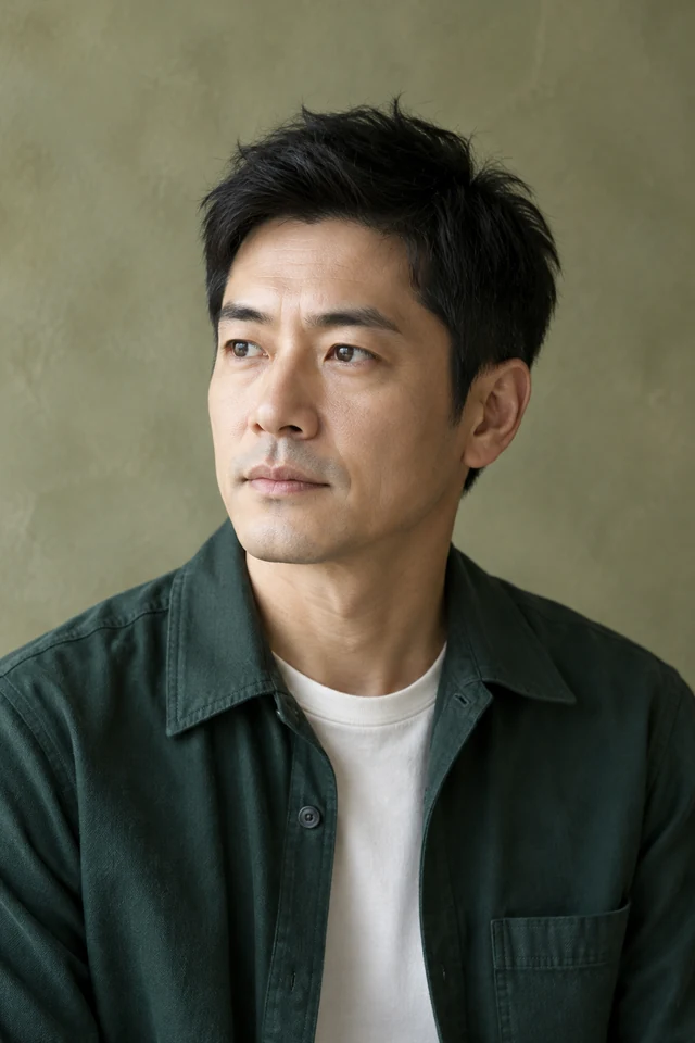 Designer portrait with short black hair against an olive plaster wall.