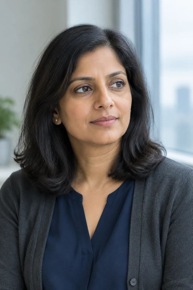 Consultant portrait beside a pale blue-gray office window.