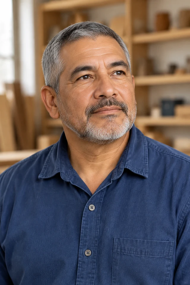 Operations lead portrait in a softly lit wood workshop.