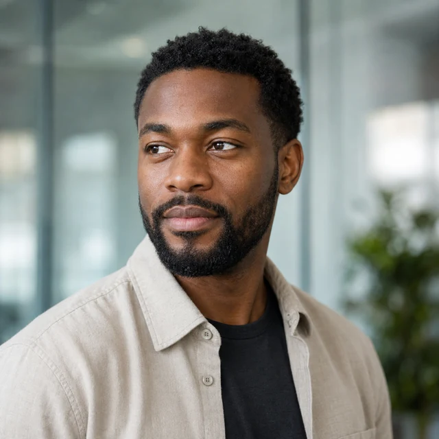 Support lead in a square head-and-shoulders portrait beside a quiet office window.