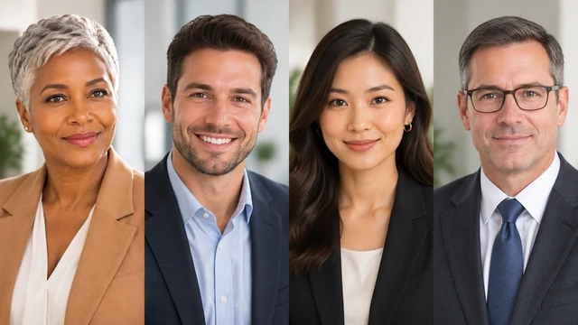 Four distinct professionals in head-and-shoulders portraits against neutral office backgrounds.