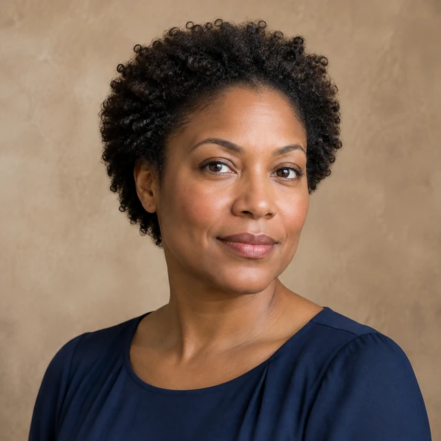 Square headshot of an adult Black woman with short natural curls against a warm taupe studio backdrop.