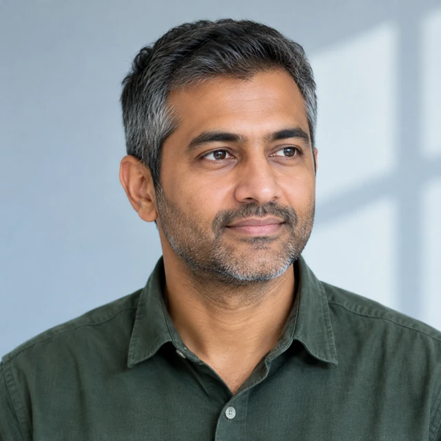Square headshot of an adult South Asian man with salt-and-pepper hair against a pale blue-gray office wall.