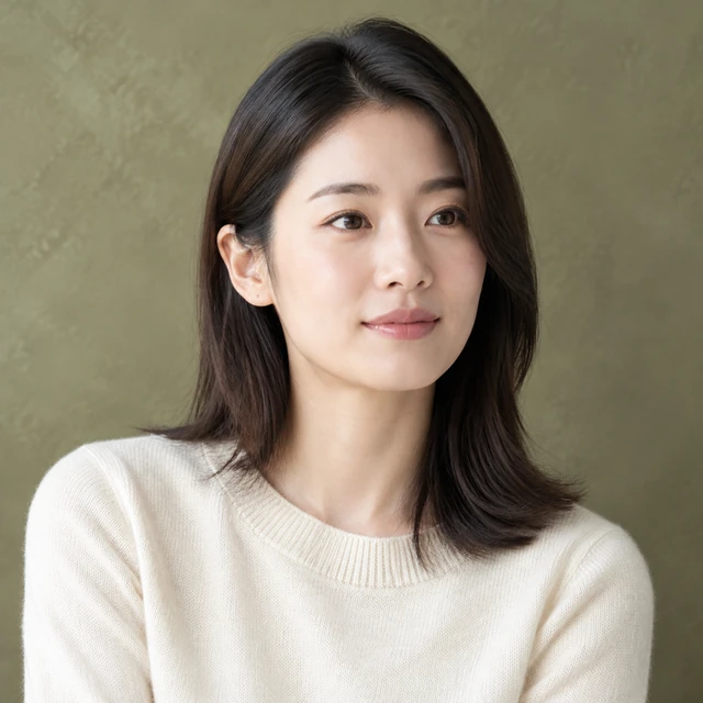 Square headshot of an adult East Asian woman with shoulder-length dark hair against an olive plaster backdrop.