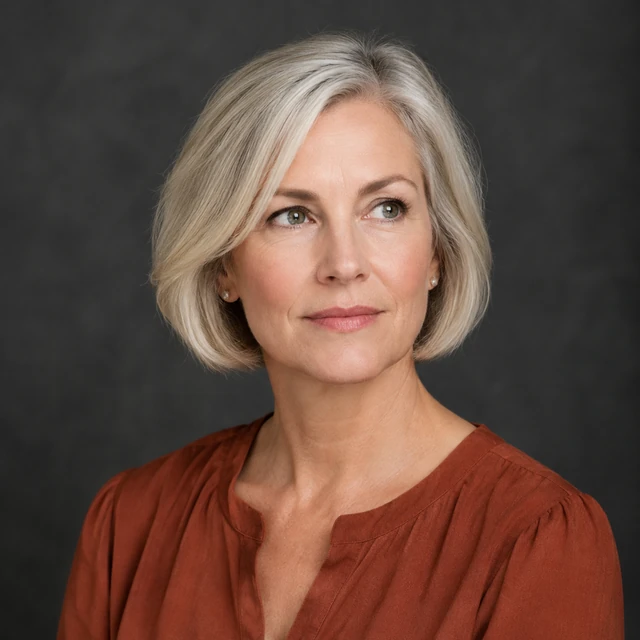 Square headshot of an adult white woman with a silver-blond bob against a charcoal studio background.