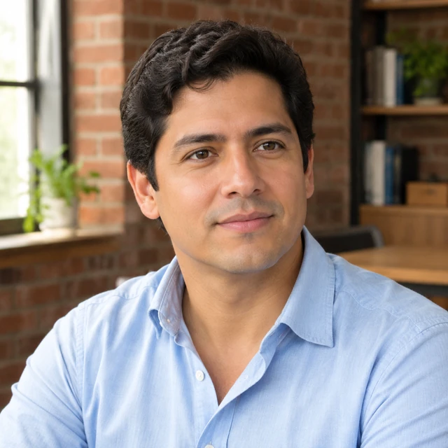 Square headshot of an adult Latino man with wavy dark hair in a brick-and-wood workspace.