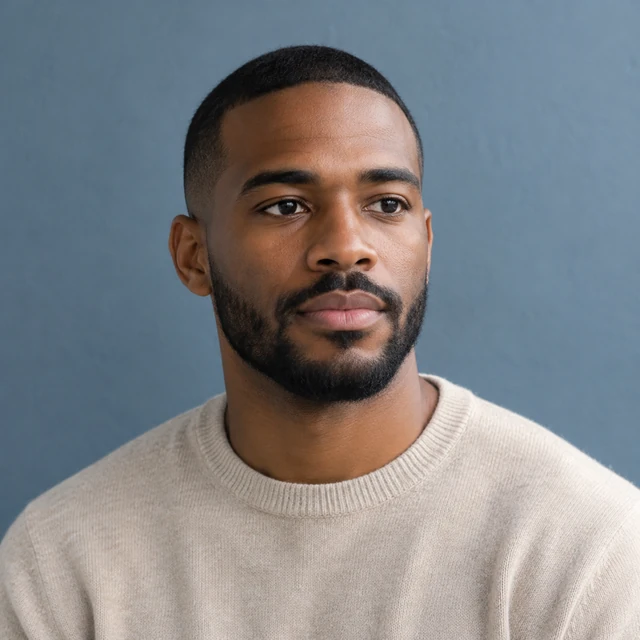 Square headshot of an adult Black man with a trimmed beard against a dusty blue wall.