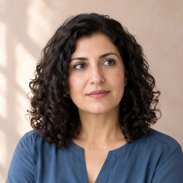 Square headshot of an adult Middle Eastern woman with dark curls against a pale blush studio backdrop.