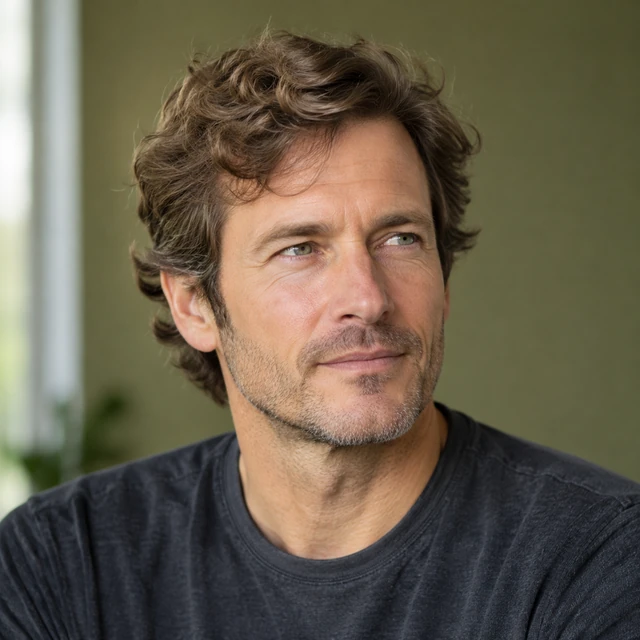 Square headshot of an adult white man with wavy brown hair against an olive office wall.