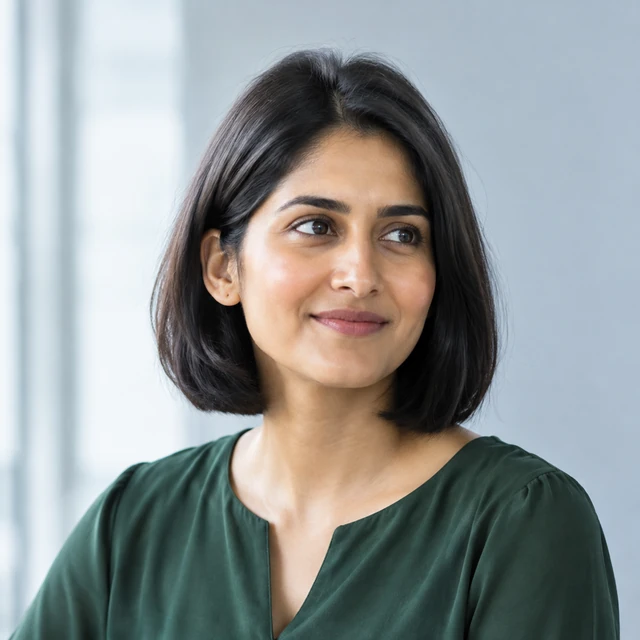 Square headshot of an adult South Asian woman with a dark bob against a pale gray-blue office background.