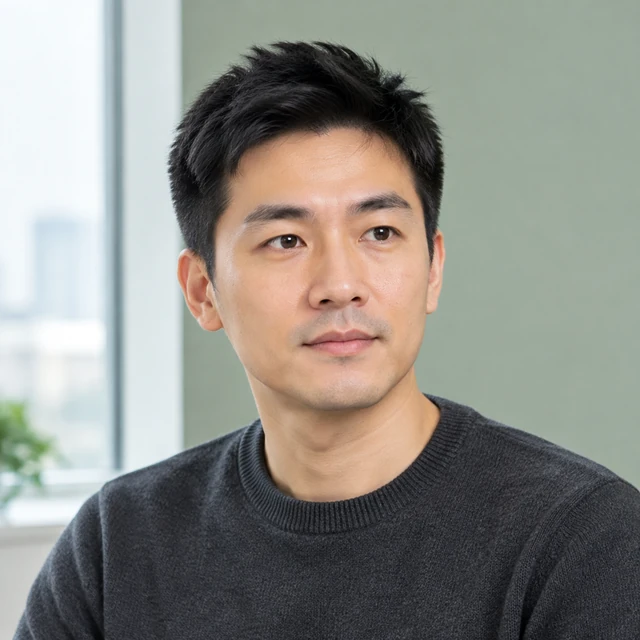Square professional headshot of an adult East Asian man in a charcoal sweater against a quiet office background.