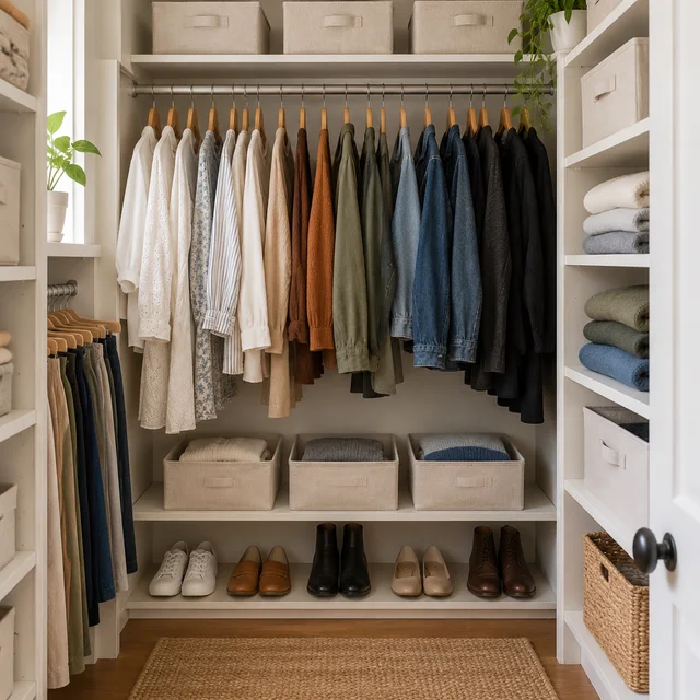 Organized wardrobe with grouped clothes, folded sweaters, bins, and aligned shoes.