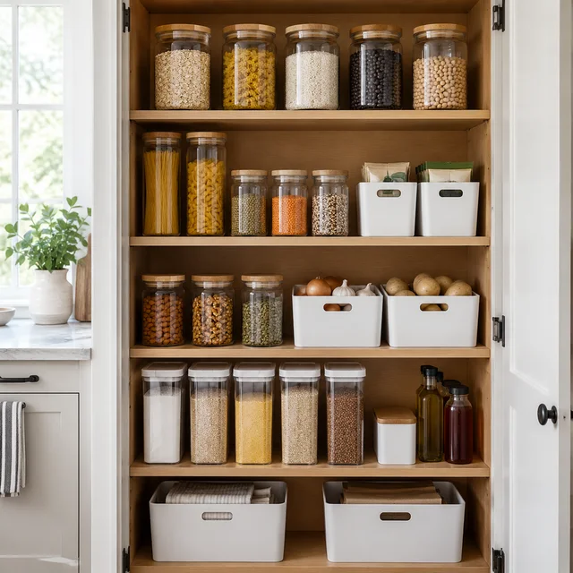 Neatly arranged pantry shelves with clear jars and plain storage bins.
