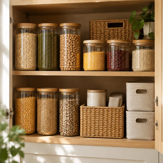 Organized pantry cabinet with glass jars and plain storage bins arranged on two shelves.