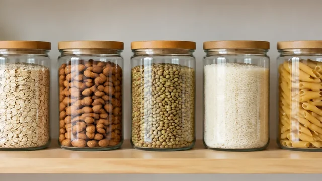 The same pantry shelf enlarged until jars at both edges are clipped.