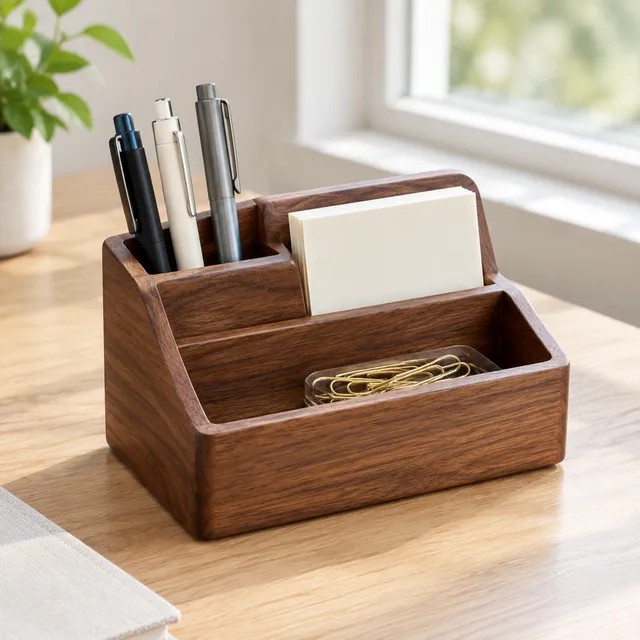 Walnut desk organizer with pens, a notepad, and paper clips.