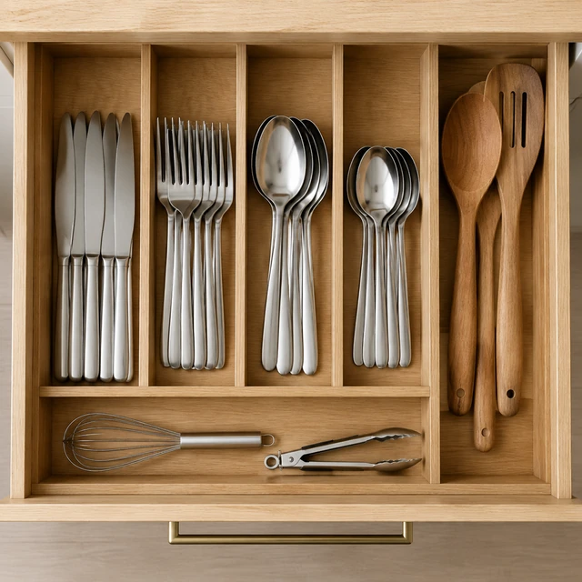 Neatly organized kitchen drawer with wooden dividers, cutlery, and utensils.
