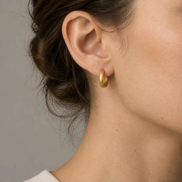 Single small gold hoop earring worn on an ear against a neutral background.