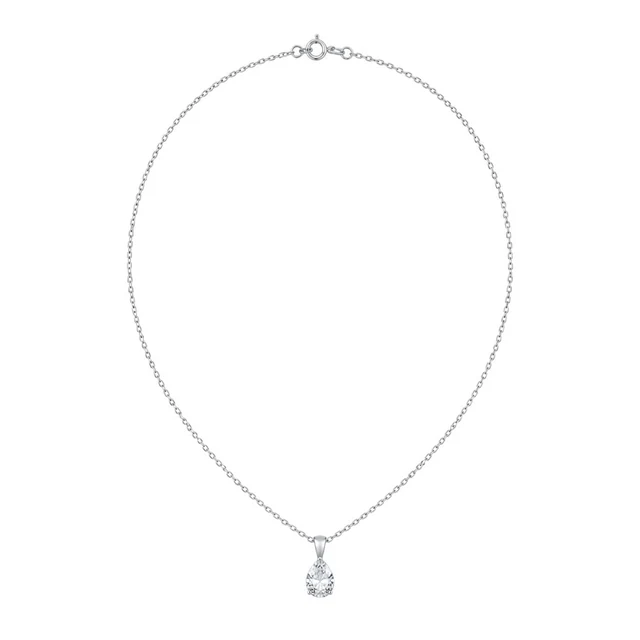 Delicate silver necklace laid on a pure white background.