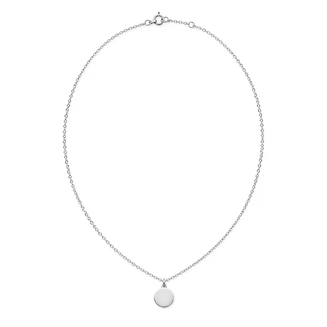 Silver chain necklace with a small round pendant arranged on white.