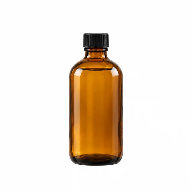 Amber glass bottle with a dark cap on a pure white background.
