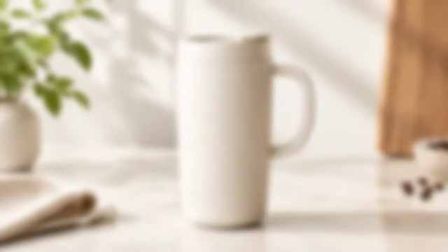 Ceramic travel mug softly out of focus on a clean studio surface.