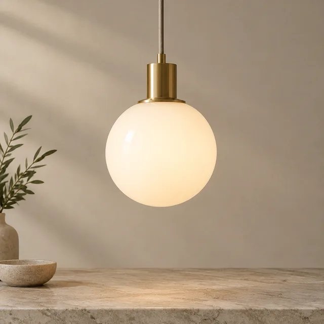 Opal-glass pendant lamp with a simple brass fitting and a soft warm glow.