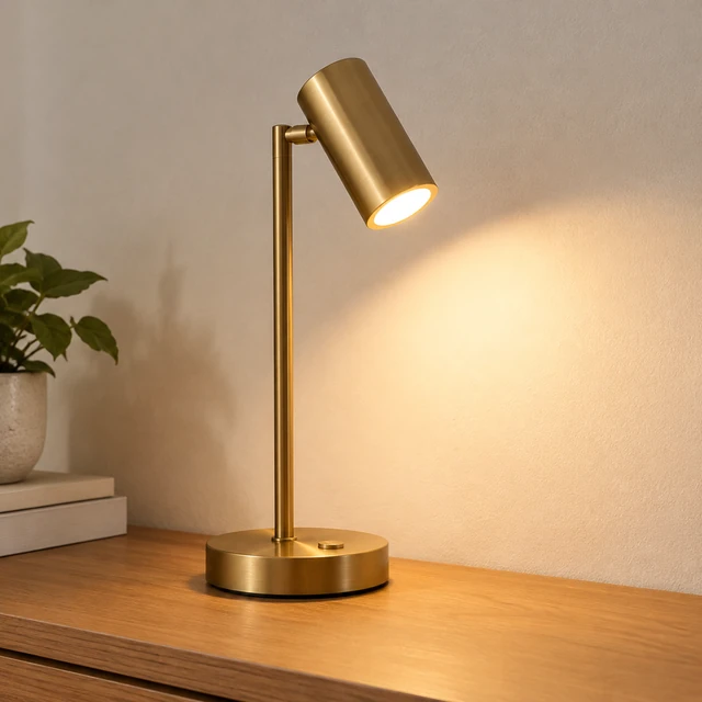Compact unbranded brushed-brass reading lamp casting warm light on a neutral surface.