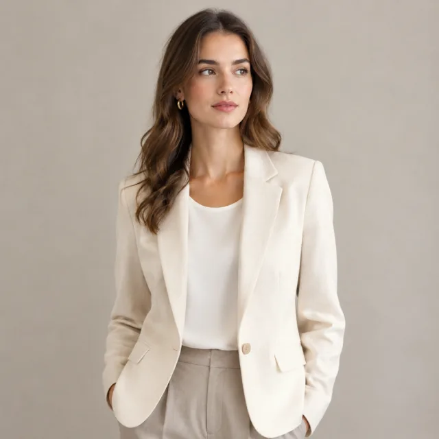 Square crop of an adult model wearing a light beige outfit, with the full upper body visible.