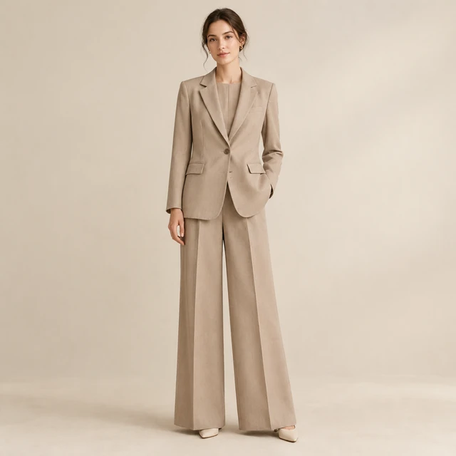 Model wearing a light beige tailored blazer and trousers in a neutral studio.
