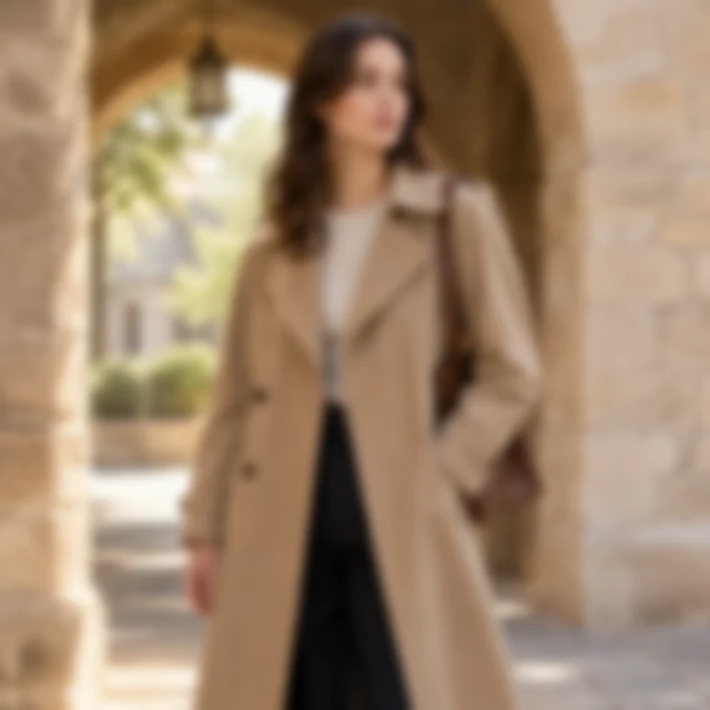 Model in a trench coat softened out of focus beneath a stone archway.