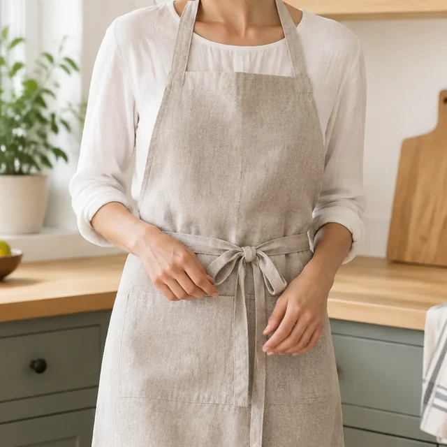 Square crop of an adult model wearing a light linen apron in a kitchen.
