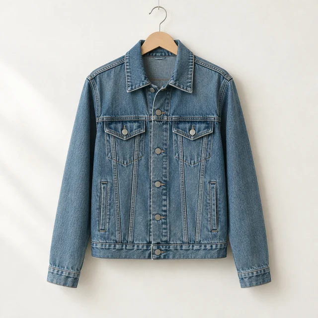 Medium-wash denim jacket hangs on a plain wooden hanger against an off-white wall.