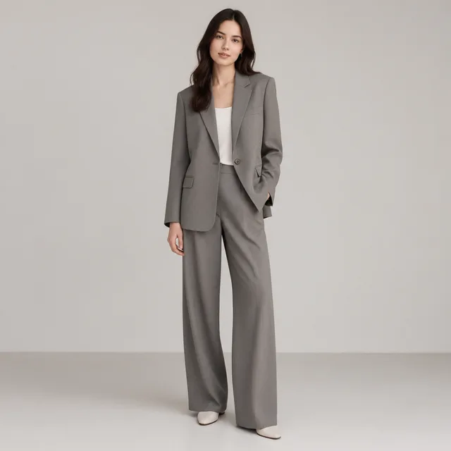 Adult model wearing a plain gray tailored suit in a neutral studio.