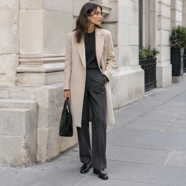 Adult woman in a plain beige coat and dark trousers on a quiet city sidewalk.