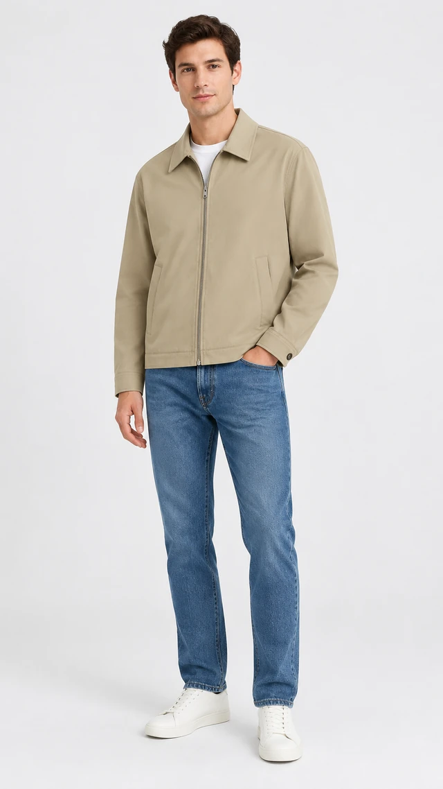 The same beige zip jacket worn by an adult model with a white shirt and blue jeans in a full-length studio portrait.