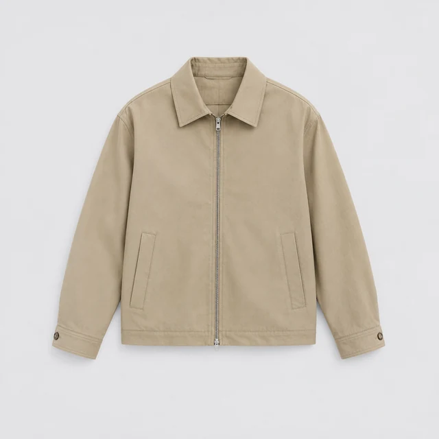Beige zip jacket laid flat on a light background with its full outline visible.