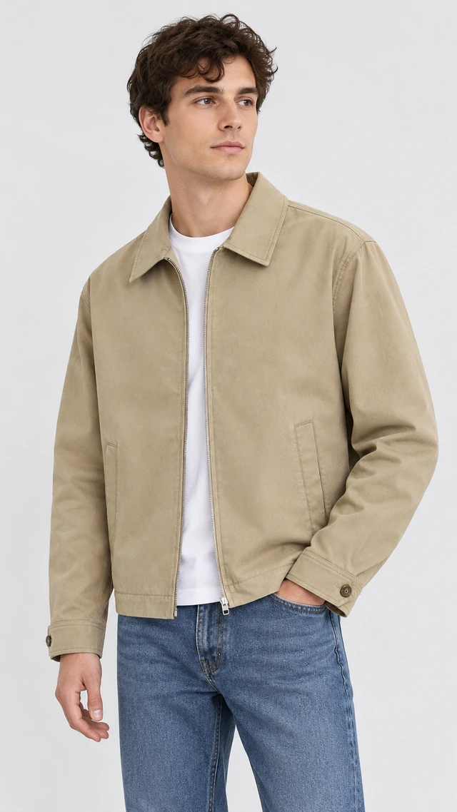 Close on-model view of the same beige zip jacket showing its zipper, lower pockets, and cuff.
