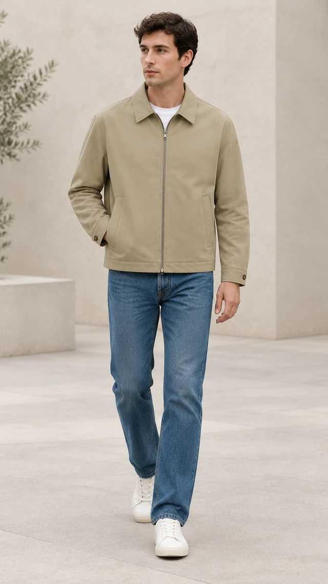 The same beige zip jacket worn by an adult model walking through a quiet stone courtyard.