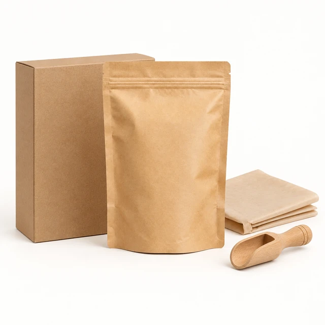 The same plain kraft coffee pouch beside a blank carton, folded tissue, and scoop in a catalog-style arrangement.