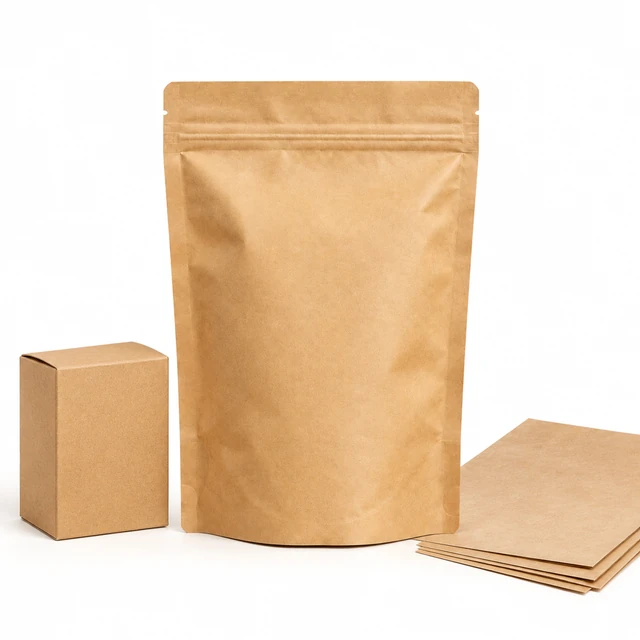 The same plain kraft coffee pouch centered with a blank carton and packaging pieces for a catalog.