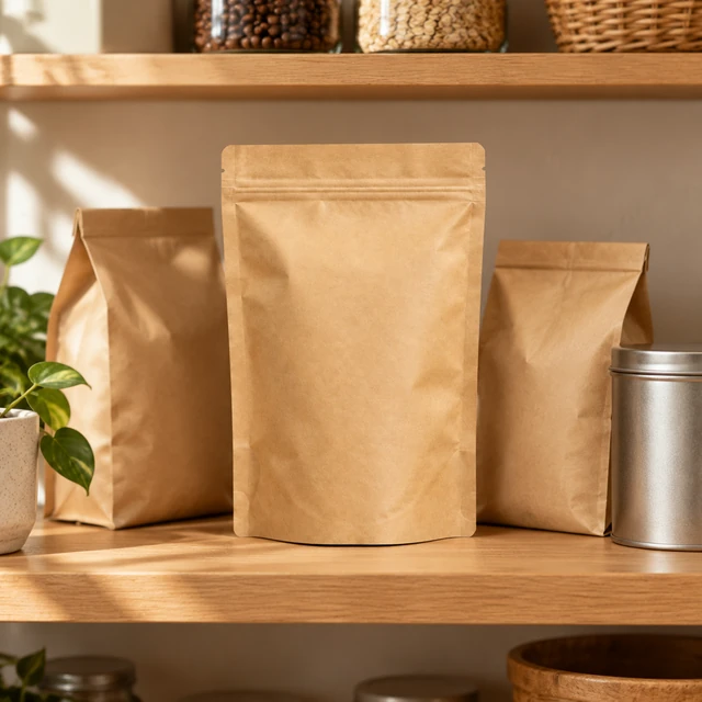 The same plain kraft coffee pouch displayed on a pantry shelf beside blank refill bags.