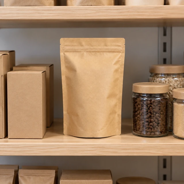 The same plain kraft coffee pouch displayed on a grocery shelf among plain cartons and jars.