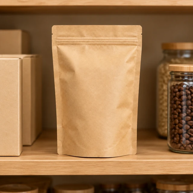The same plain kraft coffee pouch stands on a grocery shelf beside plain cartons and jars.