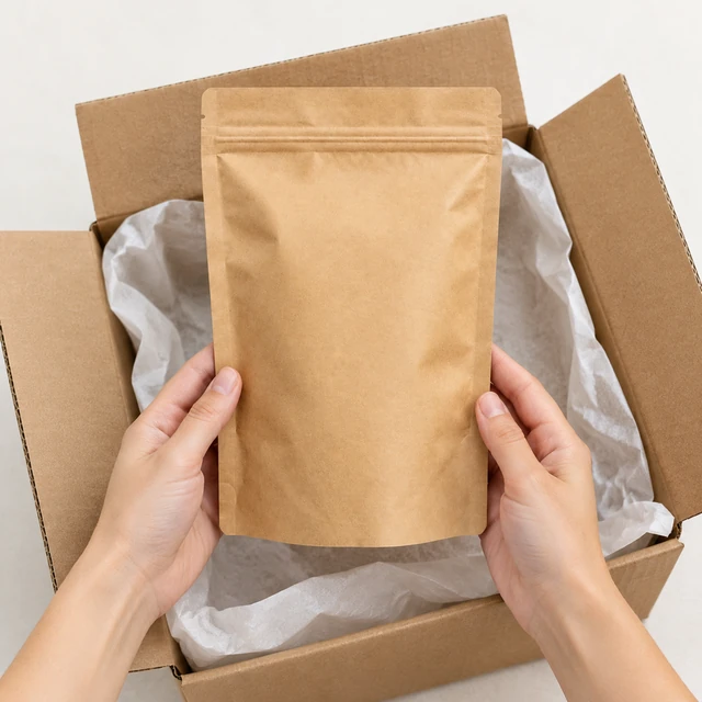 Hands lift the same plain kraft coffee pouch from an open carton lined with tissue.