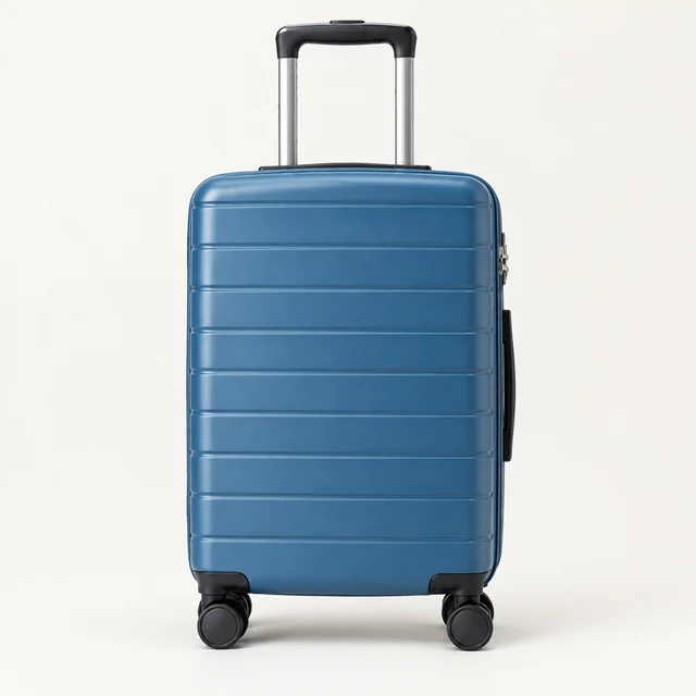 Blue hard-shell suitcase shown alone with its handle and wheels visible.