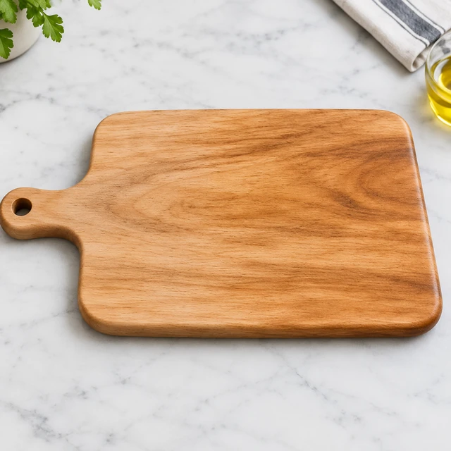 The complete light wooden cutting board with its full handle and grain sharply visible on a pale counter.