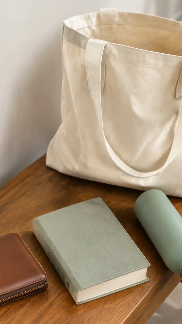 Canvas tote enlarged until its handles and packed items are clipped.