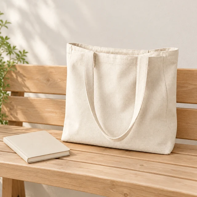 Natural canvas tote upright on a wooden bench beside a closed notebook.
