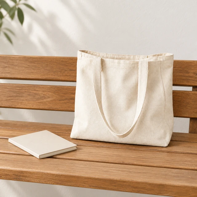 The same natural canvas tote fully visible on a wooden bench beside a plain closed notebook.
